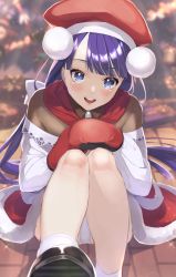 Rule 34 | 1girl, apron, belt, blue eyes, blunt bangs, blush, boots, breasts, brooch, brown shirt, christmas tree, fate/grand order, fate (series), fur trim, hat, highres, jewelry, knees up, kzk potato, long hair, long sleeves, looking at viewer, martha (fate), martha (santa) (fate), medium breasts, mittens, off shoulder, open mouth, pouch, purple hair, red hat, red skirt, santa hat, shirt, sitting, skirt, smile, solo, white apron