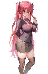 Rule 34 | 1girl, black shirt, black skirt, black thighhighs, blush, collared shirt, commentary, emily suzura, fang, game cg, highres, kaptivate, lasting solstice, long hair, looking at viewer, necktie, open mouth, orange eyes, pleated skirt, red hair, red necktie, shirt, sidelocks, simple background, skindentation, skirt, smile, solo, thighhighs, very long hair, white background, white shirt
