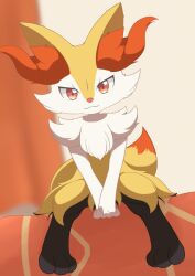 Rule 34 | 1girl, animal ear fluff, animal ears, animal feet, animal hands, animal nose, black fur, blurry, blurry background, body fur, braixen, closed mouth, creatures (company), female focus, fox ears, fox girl, fox tail, full body, furry, furry female, game freak, gen 6 pokemon, happy, konkitsune koukou, looking at viewer, multicolored fur, neck fur, nintendo, own hands together, pokemon, pokemon (creature), red eyes, sitting, smile, solo, straight-on, tail, v arms, white fur, yellow fur
