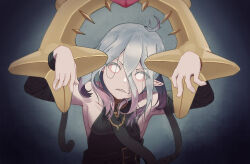 Rule 34 | 1girl, absurdres, ahoge, b2giii, belt, black belt, blurry, blurry background, breasts, briar (league of legends), clenched teeth, colored sclera, detached sleeves, expressionless, gradient background, grey hair, hair between eyes, highres, league of legends, long hair, looking at viewer, multicolored hair, no pupils, pink hair, pink sclera, pointy ears, revision, sharp teeth, sidelocks, small breasts, solo, teeth, two-tone hair, upper body, vampire, white eyes, wrist cuffs