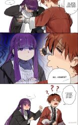 Rule 34 | ..., 1boy, 1girl, artist name, blush, breasts, closed eyes, coat, comic, dress, english text, enn matien, expressionless, fern (sousou no frieren), gloom (expression), highres, kneeling, large breasts, open mouth, pout, punching, purple eyes, purple hair, red hair, ribbed dress, short hair, sidelocks, signature, sousou no frieren, speech bubble, stark (sousou no frieren)