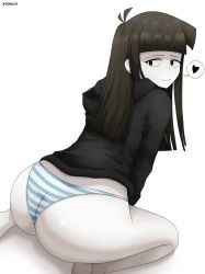 Rule 34 | 1girl, ass, barefoot, black eyes, black hair, blossom hope, come hither, from behind, highres, huge ass, long hair, looking back, looking down, naughty face, no pants, panties, shiny skin, sitting, smile, solo, striped clothes, striped panties, underwear, wariza, wedgie, yoshimoto sayoko