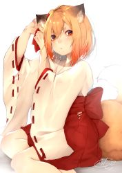 Rule 34 | 1girl, :&lt;, animal ear fluff, animal ears, arms up, blush, brown hair, chita (ketchup), closed mouth, commentary request, eyebrows hidden by hair, fox ears, fox girl, fox tail, hair between eyes, hair ribbon, hakama, hakama short skirt, hakama skirt, highres, japanese clothes, kimono, long sleeves, looking at viewer, original, pantyhose, red eyes, red hakama, red ribbon, ribbon, ribbon-trimmed sleeves, ribbon trim, short eyebrows, signature, sitting, skirt, solo, tail, thick eyebrows, white background, white kimono, white pantyhose, wide sleeves, yokozuwari