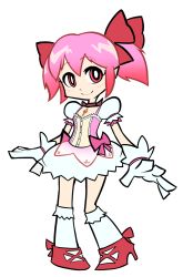 Rule 34 | 1girl, blush, bubble skirt, choker, flat chest, gloves, grey background, highres, kaname madoka, kneehighs, magical girl, mahou shoujo madoka magica, panty &amp; stocking with garterbelt, parody, pink eyes, pink hair, puffy short sleeves, puffy sleeves, short sleeves, short twintails, skirt, smile, socks, solo, soul gem, style parody, triple-q, twintails, white gloves