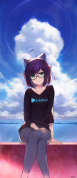 Rule 34 | 1girl, a-chan (hololive), absurdres, ahoge, aqua eyes, artist name, bird, black-framed eyewear, black shirt, blue pants, blue sky, bow, breasts, closed mouth, cloud, cloudy sky, commentary, copyright name, crossed legs, day, denim, eyelashes, glasses, hair bow, hair ornament, highres, hololive, jeans, jun wei, logo, long sleeves, looking at viewer, ocean, outdoors, pants, parted bangs, photoshop (medium), purple hair, semi-rimless eyewear, shirt, short hair, signature, sitting, sky, small breasts, solo, t-shirt, virtual youtuber