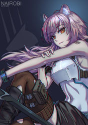 Rule 34 | 1girl, animal ear fluff, animal ears, arknights, armor, barcode, barcode tattoo, bare arms, bare shoulders, black footwear, boots, breastplate, brown legwear, commentary, covered navel, gravel (arknights), grey background, highres, kingdom of kazimierz logo, long hair, looking at viewer, nairobi song, navel, orange eyes, pink hair, pouch, shoulder tattoo, simple background, solo, stomach, tattoo