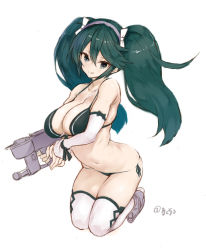 Rule 34 | 1girl, :q, bikini, black bikini, blue eyes, blue hair, bow, breasts, detached sleeves, hair between eyes, hair bow, hairband, holding, isuzu (kancolle), kantai collection, kneeling, large breasts, long hair, one-hour drawing challenge, ryo (tg290), side-tie bikini bottom, simple background, solo, swimsuit, thighhighs, tongue, tongue out, twintails, twitter username, white background, white bow, white hairband, white thighhighs