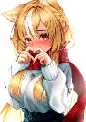 Rule 34 | 1girl, alternate costume, animal ears, belt, between breasts, blonde hair, blush, braid, breasts, cat ears, clothes between breasts, dark-skinned female, dark skin, enpera, finger heart, french braid, gold, hair between eyes, hands up, head tilt, high-waist skirt, highres, hiiragimaruta, hololive, jewelry, kemonomimi mode, large breasts, long hair, long sleeves, looking at viewer, multicolored hair, necklace, orange eyes, plaid, plaid scarf, pointy ears, scarf, shiranui flare, sidelocks, simple background, skirt, sleeves past wrists, solo, streaked hair, sweater, sweater tucked in, tented shirt, upper body, very long hair, virtual youtuber, white background, white hair, white sweater