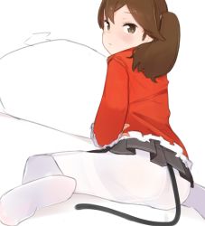 Rule 34 | 1girl, black skirt, brown eyes, brown hair, co botan, feet, frilled skirt, frills, from behind, highres, kantai collection, looking at viewer, looking back, no shoes, pantyhose, red shirt, ryuujou (kancolle), shirt, sitting, skirt, soles, solo, tail, twintails, wariza, white background, white pantyhose