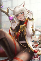 Rule 34 | 1girl, animal ears, black pantyhose, blue eyes, blush, boots, cat, cat ears, cat girl, cat tail, claw pose, commentary request, dark-skinned female, dark skin, eyelashes, final fantasy, final fantasy xiv, gloves, hairtail, highres, jewelry, knee boots, looking at viewer, miqo&#039;te, pantyhose, parted lips, ring, short hair, sitting, slit pupils, smile, solo, tail, twitter username, white hair, y&#039;shtola rhul