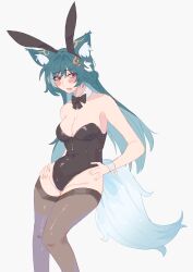 1girl absurdres alternate_costume animal_ear_fluff animal_ears aqua_hair bare_arms bare_shoulders black_bow black_bowtie black_leotard blush bow bowtie breasts cleavage detached_collar feet_out_of_frame fox_ears fox_tail grey_background grey_thighhighs groin highres honkai:_star_rail honkai_(series) leotard long_hair looking_at_viewer medium_breasts open_mouth playboy_bunny purple_eyes rabbit_ears simple_background solo standing strapless strapless_leotard tail thighhighs unfamousradish very_long_hair yukong_(honkai:_star_rail)