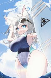 Rule 34 | 1girl, absurdres, adjusting eyewear, ahoge, alternate breast size, animal ear fluff, animal ears, blue archive, blue eyes, breasts, bright pupils, caustics, closed mouth, competition swimsuit, covered navel, cowboy shot, eyewear on head, from below, grey hair, halo, highleg, highres, huge breasts, large breasts, lens flare, looking at viewer, lyda093, medium hair, ocean, one-piece swimsuit, shiroko (blue archive), shortstack, sideboob, sky, smile, sunglasses, surfboard, swimsuit, taut clothes, taut swimsuit, thighs, two-tone swimsuit, wading, wide hips, wolf ears