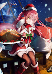 Rule 34 | 1girl, absurdres, christmas, food, gloves, heterochromia, highres, hololive, houshou marine, looking at viewer, potetyoco, red eyes, red hair, smile, solo, turkey (food), virtual youtuber, yellow eyes