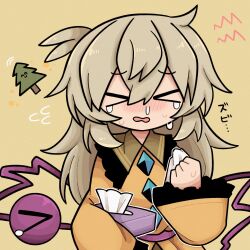Rule 34 | &gt; &lt;, 1girl, blush, crying, highres, komeiji koishi, light green hair, long hair, long sleeves, open mouth, pine tree, runny nose, simple background, sneezing, snot, streaming tears, tears, tissue, tissue box, touhou, tree, yellow background, zunusama
