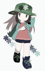 Rule 34 | 1girl, :o, bike shorts, black footwear, commentary request, creatures (company), eyelashes, fanny pack, full body, game freak, green hat, hand on headwear, hand up, hat, highres, jacket, leaf (pokemon), leaf (sygna suit) (pokemon), long hair, long sleeves, looking to the side, milkpeachi, nintendo, official alternate costume, open clothes, open jacket, pink shirt, pokemon, pokemon masters ex, shirt, shoes, solo, white background, white bag