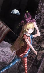 Rule 34 | 1girl, absurdres, american flag, american flag dress, american flag pants, arm up, black sky, blonde hair, breasts, closed mouth, clownpiece, dress, earth (planet), eyes visible through hair, hair between eyes, hand up, hat, highres, jester cap, long hair, looking at viewer, moon, neck ruff, nepperoni, night, night sky, pants, pantyhose, planet, polka dot, purple hat, red eyes, short sleeves, sky, small breasts, solo, space, standing, star (symbol), star print, striped clothes, striped dress, striped pants, touhou