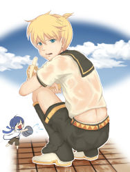 Rule 34 | 1boy, angry, jitsu, kagamine len, kaito (vocaloid), leg warmers, looking at viewer, looking back, male focus, serafuku, solo, squatting, vocaloid, wet