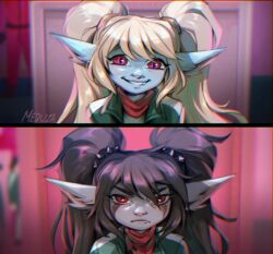 1girl artist_name black_hair blonde_hair blurry blurry_background colored_skin fang fang_out frown green_jacket grey_skin jacket league_of_legends meme noxus_poppy official_alternate_costume pink_eyes pointy_ears poppy_(league_of_legends) red_eyes smile spiked_hair_ornament squid_game te4moon teeth twintails year_1_&amp;_year_2_(squid_game)_(meme) yordle