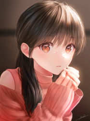 Rule 34 | 1girl, blurry, blurry background, highres, long hair, looking at viewer, off-shoulder sweater, off shoulder, ojay tkym, original, revision, signature, solo, sweater