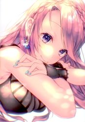 Rule 34 | 1girl, absurdres, blue eyes, blue nails, braid, breast press, breasts, closed mouth, crown braid, earrings, highres, jewelry, long hair, looking at viewer, medium breasts, megurine luka, nail polish, pink hair, shiomizu (swat), smile, solo, swept bangs, upper body, vocaloid, white background