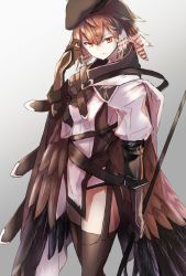 Rule 34 | 1girl, arknights, arm strap, beret, bird girl, black gloves, black hat, black thighhighs, brown hair, cape, cowboy shot, dress, elbow gloves, feathers, garter straps, gloves, gradient background, hand up, hat, highres, holding, holding polearm, holding weapon, infection monitor (arknights), kirisame tarou, looking at viewer, multicolored hair, plume (arknights), polearm, red eyes, short hair, solo, streaked hair, thighhighs, weapon, white dress, white hair