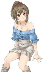 Rule 34 | 1girl, bare shoulders, blue shirt, boots, brown hair, commentary request, gatsby ssl, grey skirt, high ponytail, highres, hori yuko, idolmaster, idolmaster cinderella girls, jewelry, knee boots, looking at viewer, miniskirt, necklace, off-shoulder shirt, off shoulder, puffy short sleeves, puffy sleeves, red eyes, shirt, short sleeves, sitting, skirt, solo, spaghetti strap, thighs, white background