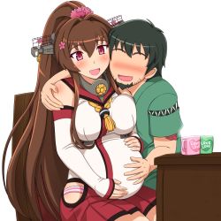 Rule 34 | 10s, 1boy, 1girl, artist self-insert, bad id, bad pixiv id, beard, blush, commentary request, facial hair, highres, hip vent, jewelry, kantai collection, long hair, panties, ponytail, pregnant, red eyes, ring, shin&#039;en-san (shin&#039;en), shin&#039;en (gyokuro company), simple background, striped clothes, striped panties, underwear, wedding band, white background, yamato (kancolle)