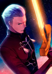Rule 34 | 1boy, archer (fate), bad id, bad pixiv id, excalibur (fate/stay night), fate/stay night, fate (series), glowing, glowing sword, glowing weapon, highres, male focus, reniirean, solo, weapon, white hair
