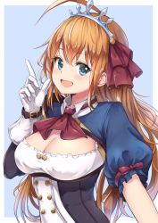 Rule 34 | 1girl, :d, ahoge, ascot, blue background, blue eyes, blush, bow, breasts, cleavage, dargo, gloves, hair bow, hand up, index finger raised, large breasts, long hair, looking at viewer, open mouth, orange hair, pecorine (princess connect!), princess connect!, puffy short sleeves, puffy sleeves, red ascot, red bow, shirt, short sleeves, sidelocks, simple background, smile, solo, tiara, upper body, white gloves, white shirt, wing collar