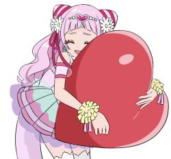 Rule 34 | 1girl, :d, ^ ^, back bow, bare shoulders, blunt bangs, bow, closed eyes, clover earrings, cone hair bun, cure yell, detached sleeves, double bun, earrings, eyelashes, flower, hair bun, hair flower, hair ornament, hair ribbon, heart, heart hair ornament, hug, hugtto! precure, jewelry, leaning forward, lipstick, magical girl, makeup, nono hana, open mouth, pink hair, pink skirt, pom pom (cheerleading), precure, red ribbon, ribbon, simple background, skirt, smile, solo, star twinkle precure, teliot, thighhighs, white background, white thighhighs