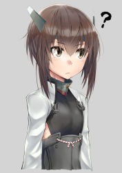 Rule 34 | 1girl, ?, bad id, bad pixiv id, brown eyes, brown hair, commentary request, corset, cropped torso, expressionless, flat chest, grey background, headband, headgear, highres, kantai collection, looking to the side, muneate, short hair, simple background, solo, taihou (kancolle), upper body, zombie mogura