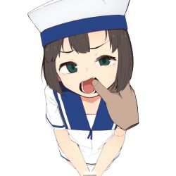 Rule 34 | 1boy, 1girl, bar censor, black hair, blue eyes, blue sailor collar, bob cut, censored, daitou (kancolle), disembodied hand, dress, finger in another&#039;s mouth, handjob, hat, hetero, kantai collection, looking at viewer, mouth pull, open mouth, penis, pov, pov hands, sailor collar, sailor dress, sailor hat, short hair, short sleeves, sidelocks, simple background, solo focus, teeth, tsuzuri (tu-san house), white background, white dress, white headwear