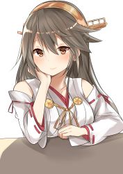Rule 34 | 10s, 1girl, absurdres, bare shoulders, blush, breasts, brown eyes, brown hair, closed mouth, collarbone, detached sleeves, hair between eyes, hairband, hand on own cheek, hand on own face, haruna (kancolle), head rest, headgear, highres, kantai collection, large breasts, long hair, looking at viewer, natsu (sinker8c), nontraditional miko, ribbon-trimmed sleeves, ribbon trim, simple background, smile, solo, table, white background