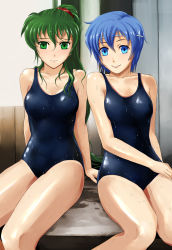 Rule 34 | 2girls, bare shoulders, blue eyes, blue hair, breasts, farina (fire emblem), fire emblem, fire emblem: the blazing blade, green eyes, green hair, hair ornament, hairband, headband, high ponytail, highres, indoors, long hair, looking at viewer, lyn (fire emblem), multiple girls, nintendo, one-piece swimsuit, ponytail, shanna (fire emblem), short hair, sitting, smile, swimsuit, wet
