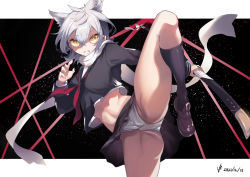 Rule 34 | 1girl, absurdres, animal ears, azur lane, black shirt, black skirt, black socks, breasts, brown footwear, clenched teeth, commentary request, crossed bangs, dated, grimace, hair between eyes, highres, holding, holding sword, holding weapon, iparupua, katana, kicking, leg up, letterboxed, loafers, long scarf, long sleeves, maya (azur lane), midriff, neckerchief, outside border, panties, pantyshot, pleated skirt, red neckerchief, sailor collar, scarf, school uniform, serafuku, shaded face, sheath, sheathed, shirt, shoes, silver hair, skirt, small breasts, socks, solo, stomach, sword, teeth, thighs, underwear, v-shaped eyebrows, weapon, white panties, white scarf, wolf ears, yellow eyes