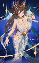 Rule 34 | 1girl, absurdres, animal ears, artist name, bare shoulders, blush, breasts, brown hair, cleavage, closed eyes, closed mouth, dress, extra ears, feet out of frame, fikkyun, galleon (granblue fantasy), granblue fantasy, hand up, highres, horns, iatromantis (granblue fantasy), large breasts, long hair, multicolored hair, pointy ears, shawl, sleeveless, sleeveless dress, smile, solo, sparkle, standing, streaked hair, white background, wrist cuffs