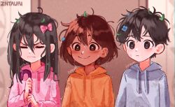 Rule 34 | 1girl, 2boys, aged down, aubrey (faraway) (omori), aubrey (omori), black eyes, black hair, bow, bright pupils, brown eyes, brown hair, child, closed eyes, coat, flower, hair between eyes, hair bow, hair flower, hair ornament, highres, kel (faraway) (omori), kel (omori), long hair, long sleeves, multiple boys, omori, sidelocks, smile, sunny (omori), wet, wet hair, white pupils, zntauri