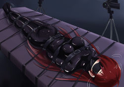 Rule 34 | 1girl, arms behind back, bdsm, bed, belt, blindfold, bodysuit, bondage, bound, breasts, collar, gagged, jitan777, latex, latex bodysuit, latex suit, leather belt, lying, medium breasts, on back, on bed, red hair, rubber, sex toy, shaking head, shiny clothes, solo, strapped down, struggling, tagme, tripod, video camera