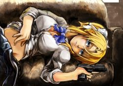 Rule 34 | 1girl, blonde girl (itou), blonde hair, blue eyes, borrowed character, bow, bra, breasts, cleavage, couch, gun, handgun, large breasts, lying, midriff, original, parted bangs, pistol, ponytail, school uniform, sig sauer, sleeves rolled up, solo, syatey, trigger discipline, underwear, weapon
