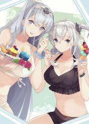 Rule 34 | 2girls, bare arms, bare legs, bare shoulders, bikini, black bikini, blue scrunchie, blueberry, blush, breasts, cherry, cleavage, closed mouth, collarbone, cup, drink, drinking glass, flower, food, fruit, fuyutsuki (kancolle), grey eyes, hair between eyes, headband, holding, holding food, ice cream, kantai collection, large breasts, long hair, multiple girls, navel, one side up, open mouth, orange (fruit), pink flower, pudding, scrunchie, shakemi (sake mgmgmg), smile, suzutsuki (kancolle), swimsuit, white bikini, white hair, white headband, wrist scrunchie