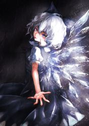 Rule 34 | 1girl, bare arms, blue dress, blue eyes, blue hair, bow, cirno, dress, from behind, hair between eyes, hair bow, highres, ice, ice wings, joker (stjoker), looking at viewer, looking back, short hair, short sleeves, solo, tongue, tongue out, touhou, wings