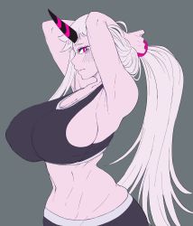Rule 34 | 1girl, abyssal ship, arms behind head, blush, breasts, colored skin, curvy, grey background, highres, horns, huge breasts, jacket, kantai collection, long hair, pink eyes, ponytail, scrunchie, seaport princess, sideboob, single horn, solo, sports bra, thighs, uni (oni unicorn), upper body, white hair, white skin