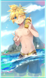 Rule 34 | 1boy, banana, beach, blonde hair, blue eyes, blue sky, bubble, cloud, cloudy sky, cup, disposable cup, drinking straw, ei flow, food, fruit, highres, holding, holding cup, kagamine len, looking at viewer, male focus, midriff, navel, ocean, partially submerged, partially underwater shot, rock, shorts, sky, smile, smoothie, solo, sparkle, spiked hair, splashing, topless male, underwater, vocaloid, w, water