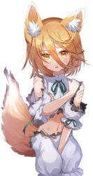 Rule 34 | 1girl, ametama (runarunaruta5656), animal ear fluff, animal ears, between legs, blonde hair, blood, blood on face, burnt clothes, commentary request, cowboy shot, fox ears, fox tail, green ribbon, hair between eyes, hand between legs, hand on own shoulder, highres, injury, kudamaki tsukasa, looking at viewer, messy hair, navel, open mouth, puffy short sleeves, puffy sleeves, ribbon, romper, short sleeves, simple background, solo, standing, stomach, tail, torn clothes, touhou, upper body, white background, yellow eyes