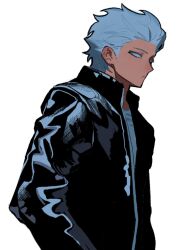 Rule 34 | 1boy, :/, black jacket, blank eyes, closed mouth, collared jacket, colored eyelashes, facing to the side, grey hair, grey shirt, highres, jacket, korean commentary, leather, leather jacket, long sleeves, male focus, original, sasi mozzi1, shirt, short hair, simple background, solo, standing, upper body, white background