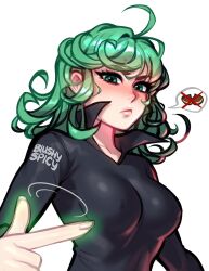 Rule 34 | 1girl, ahoge, alternate breast size, artist name, black dress, blush, blushyspicy, breasts, closed mouth, curly hair, dress, frown, green eyes, green hair, highres, long sleeves, looking at viewer, medium breasts, medium hair, motion lines, one-punch man, simple background, solo, speech bubble, tatsumaki, upper body, white background