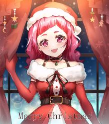 Rule 34 | 1girl, curtains, dress, elbow gloves, gloves, hat, highres, hugtto! precure, jewelry, long hair, merry christmas, muginome (bakuga chan2), necklace, nono hana, open mouth, pink eyes, pink hair, precure, red dress, red gloves, santa hat, short bangs, smile, snowing, solo, thick eyebrows