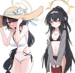 Rule 34 | 2girls, bags under eyes, bikini, black bikini, black hair, blue archive, blush, body switch, breasts, danbal, hair over one eye, halo, hat, highres, hinata (blue archive), hinata (swimsuit) (blue archive), large breasts, long hair, multiple girls, personality switch, red eyes, simple background, small breasts, sun hat, swimsuit, ui (blue archive), ui (swimsuit) (blue archive), white background