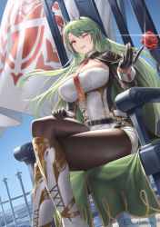 Rule 34 | 1girl, azur lane, black gloves, boots, breasts, brown pantyhose, cape, clear sky, commentary request, crossed legs, cuboon, dutch angle, flag, floating hair, flower, gloves, gold trim, green hair, holding, holding flower, knee boots, large breasts, littorio (azur lane), long hair, long sleeves, looking at viewer, multicolored hair, necktie, one eye closed, orange eyes, pantyhose, parted lips, red flower, red necktie, rose, sitting, sky, smile, solo, streaked hair, thighs, throne, tiara, twitter username, white footwear