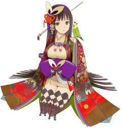 Rule 34 | 1girl, bird, bird on hand, bow, breasts, brown hair, hair ornament, hairpin, japanese clothes, kneeling, manahime, okama, onore no shinzuru michi wo yuke, parrot, simple background, solo, thighhighs